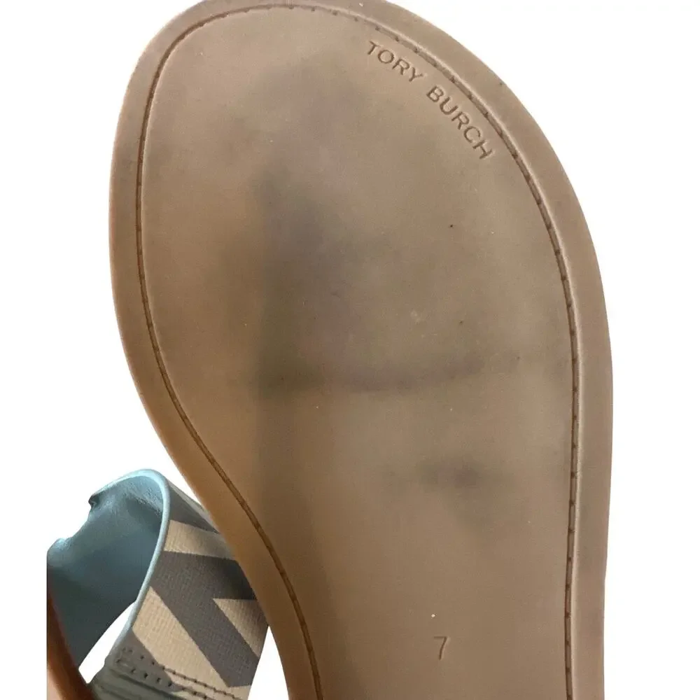 Tory Burch Mini Everly Geometric‎ Blue Grey Sandals Double T 7